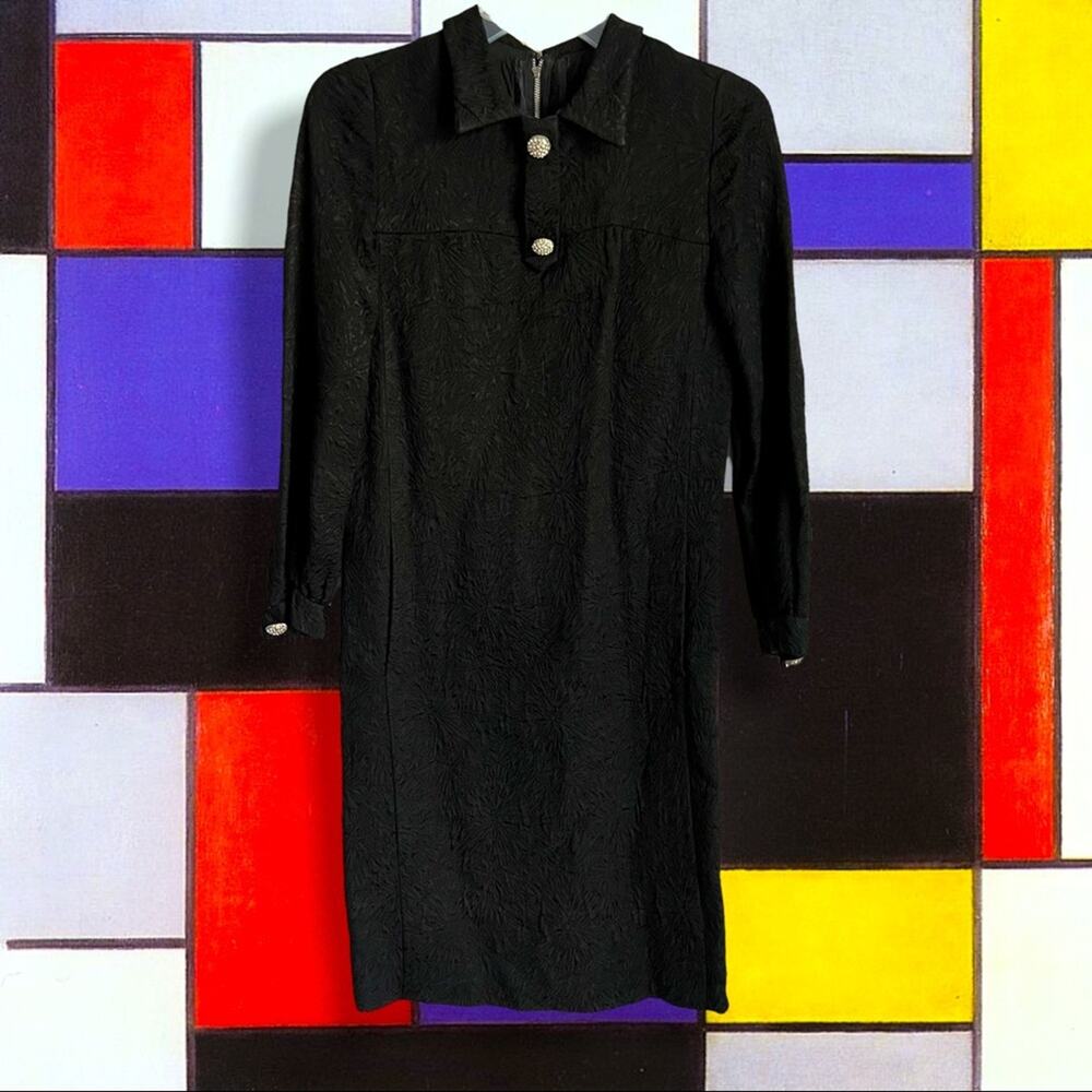 Vintage 1960’s Black Textured Sheath Dress Pockets Rhinestone Accent